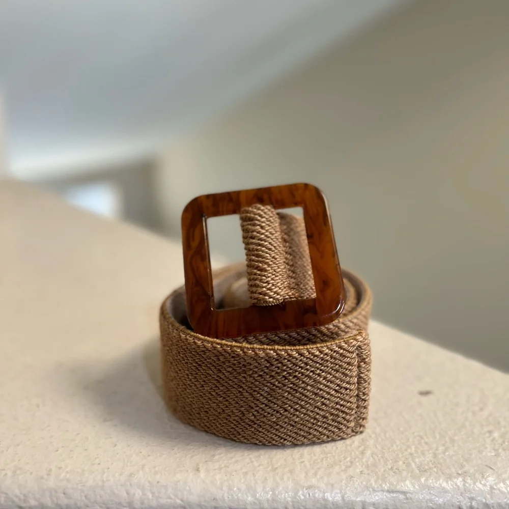 Women square RESIN BUCKLE STRAW stretch wide waist brown belt medium‎ boho l